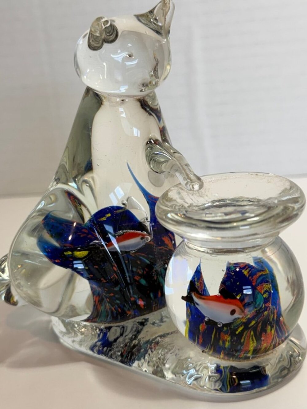 Glass Kitty Cat & Fish Bowl Paperweight Figurine Murano Style